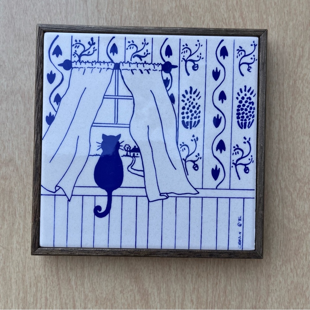 Lillian Murray Cat In Window Carlson 1982 Wood Framed Tile Trivet